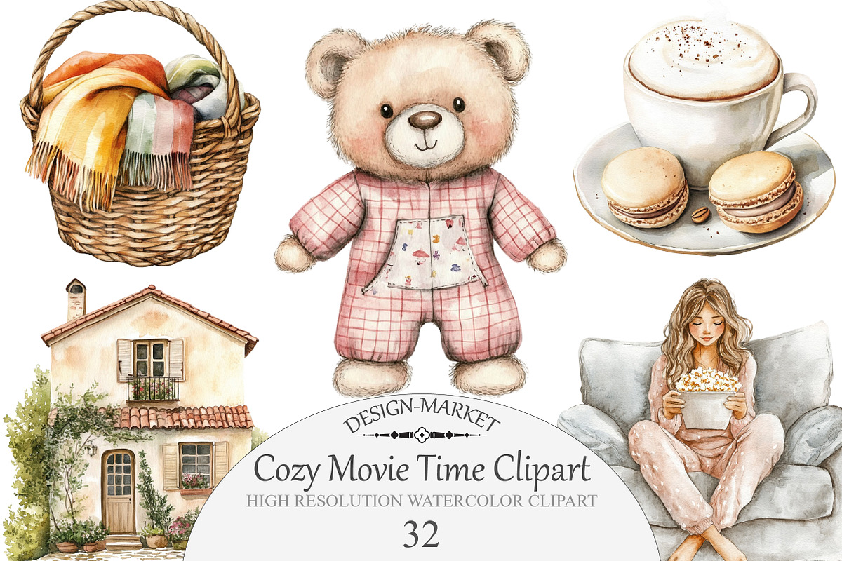 Watercolor Cozy Movie Time Clipart, an Illustration by Design Market (Photo 1 of 4)