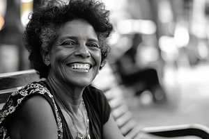 Smiling black woman sitting on a par, a Photo by Iftikhar Alam