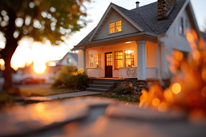 Charming house at sunset with warm lights, an Architecture Photo by AlyaAnd