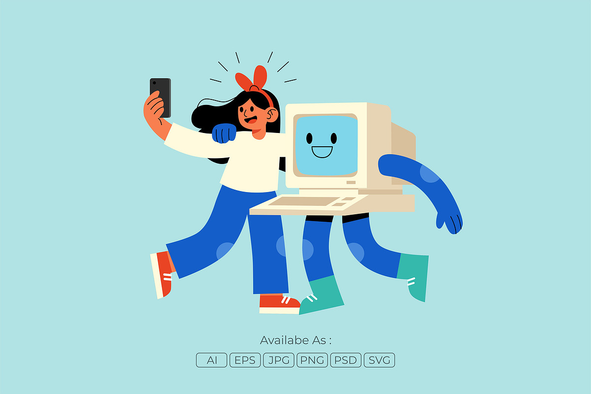 Young Girl Selfie Pose With Robot, a Person Illustration by Partikusi Design (Photo 2 of 3)