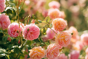 Pink English roses blooming profusely in a lush summer garden, s, a Photo by Studio ANNA