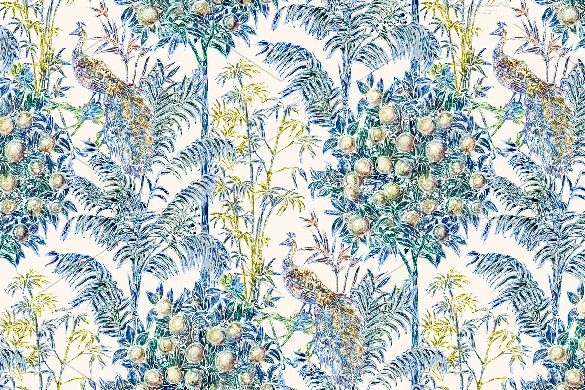 Peacock & Orange tree pattern, a Pattern Graphic by YvY (Photo 1 of 3)