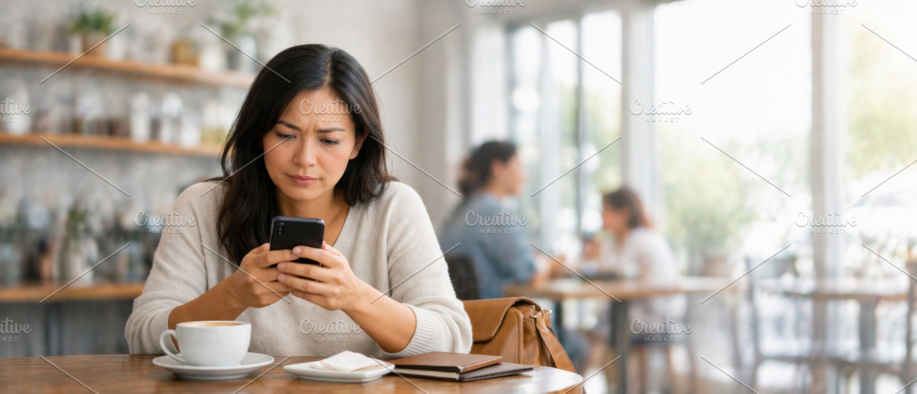 Woman in cafe focused on smartphone,, a Photo by Dvoevnore photos