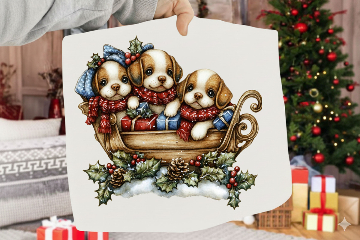 Whimsical Christmas Puppies Sleigh, a Seasonal Illustration by SVGArt (Photo 5 of 5)