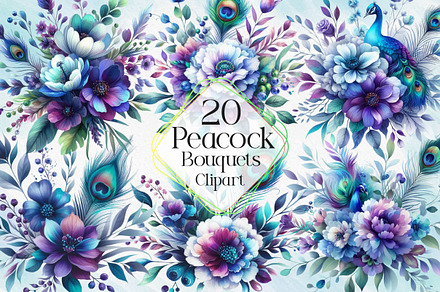 Watercolor Peacock Bouquets, a Work Illustration by Dream Creation