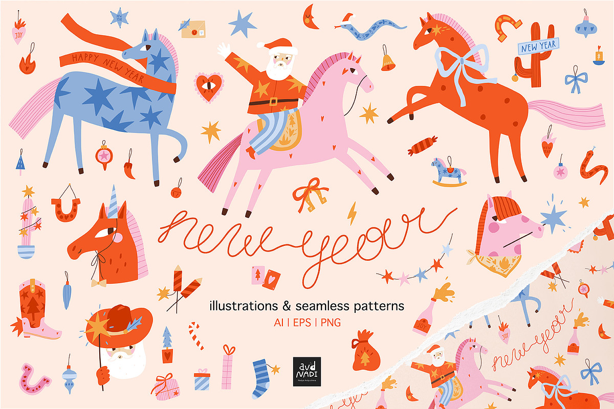 New Year Horses Clipart & Patterns, a Seasonal Illustration by avdnadi (Photo 1 of 13)