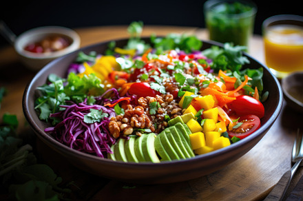 Buddha bowl with mango, avocado, red, a Photo by Iftikhar Alam