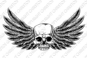 Vintage Woodcut Winged Skull