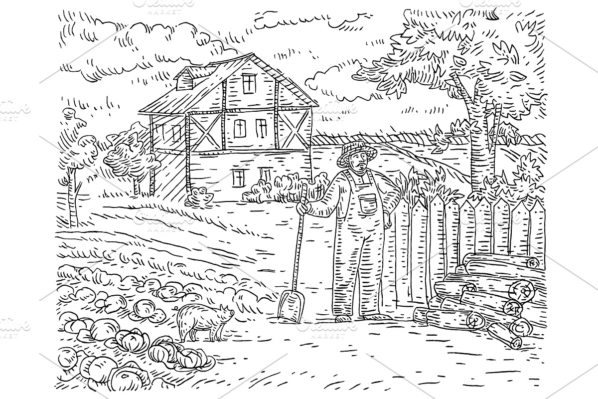 Farmer feeds pigs. Background, an Animal Illustration by MoreVector