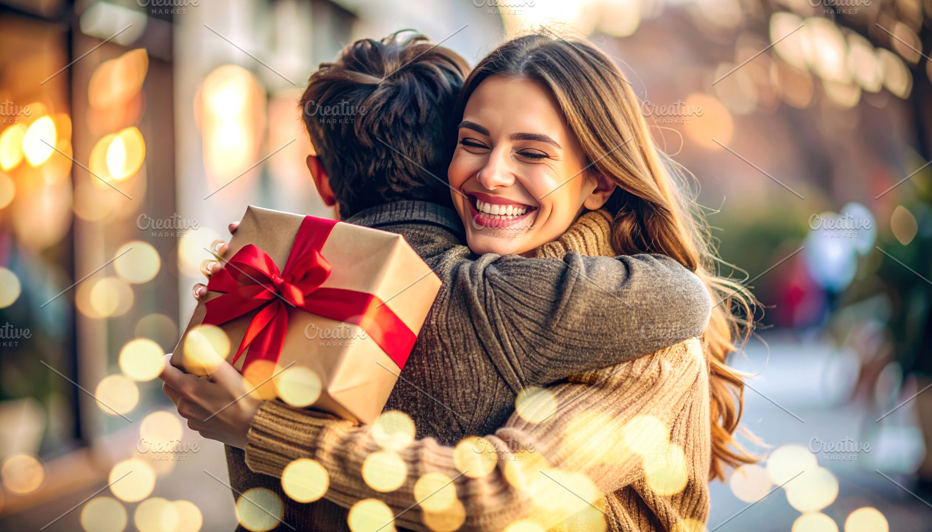 Young couple hugging with gift outdoors, a Holiday Photo by Davizro's Market