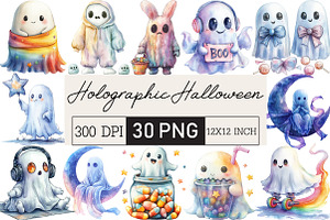 Cute Holographic Halloween Ghost, an Illustration by Black Bird Studio