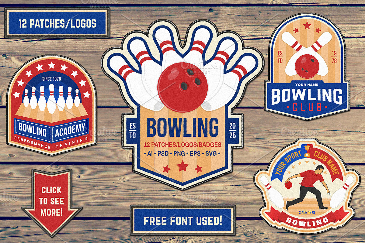 Bowling 12 patches/logos/badges, a Branding & Logo Template by sivVector (Photo 1 of 5)
