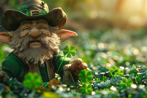 A joyful leprechaun with a bushy beard surrounded by vibrant green clovers in a, a Background Photo by ImageMir