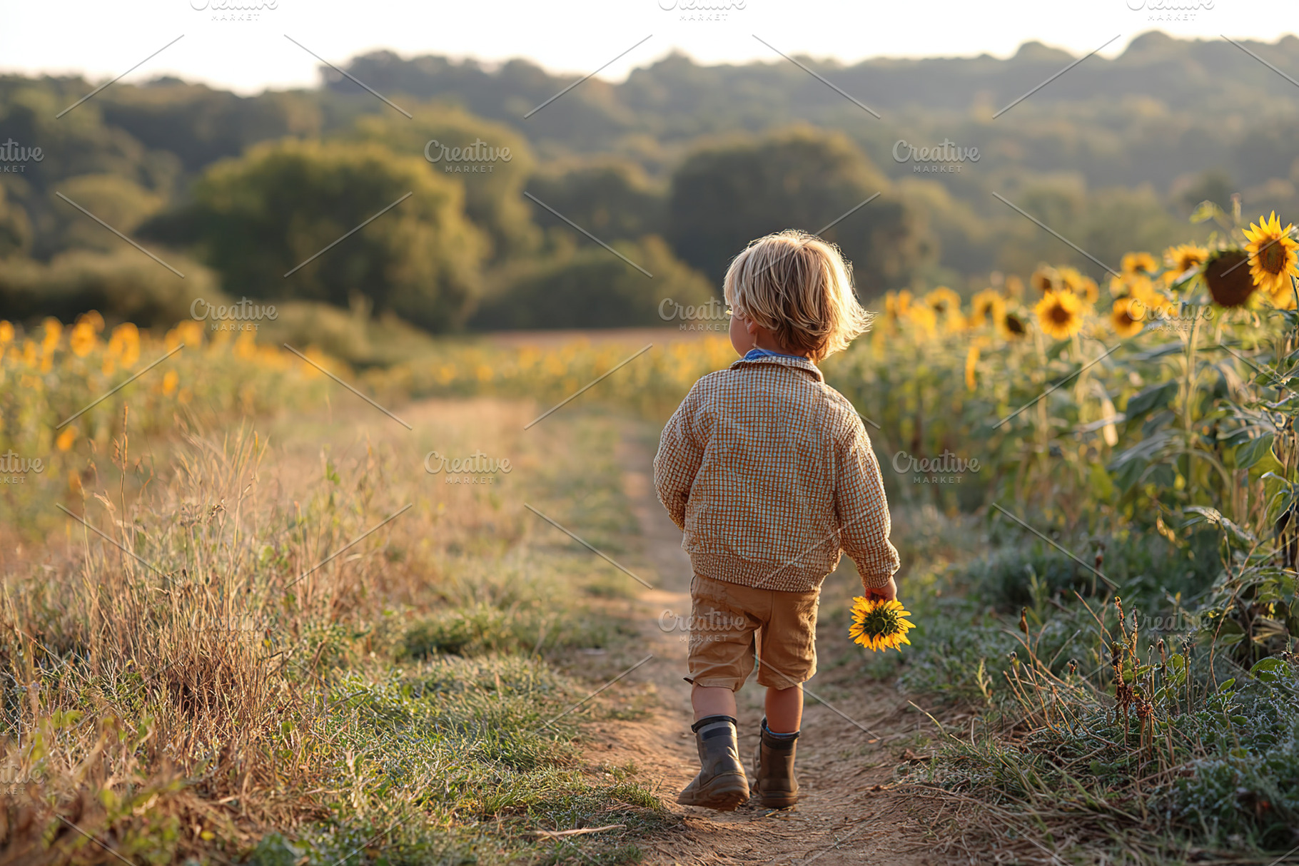 Quiet rural sunflower field stroll in early morning sunlight with a child holdi, a Person Photo by AlyaAnd