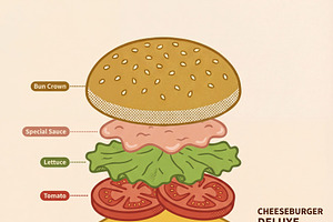 Exploded View Cheeseburger Deluxe, a Food Illustration by Virgo Studio