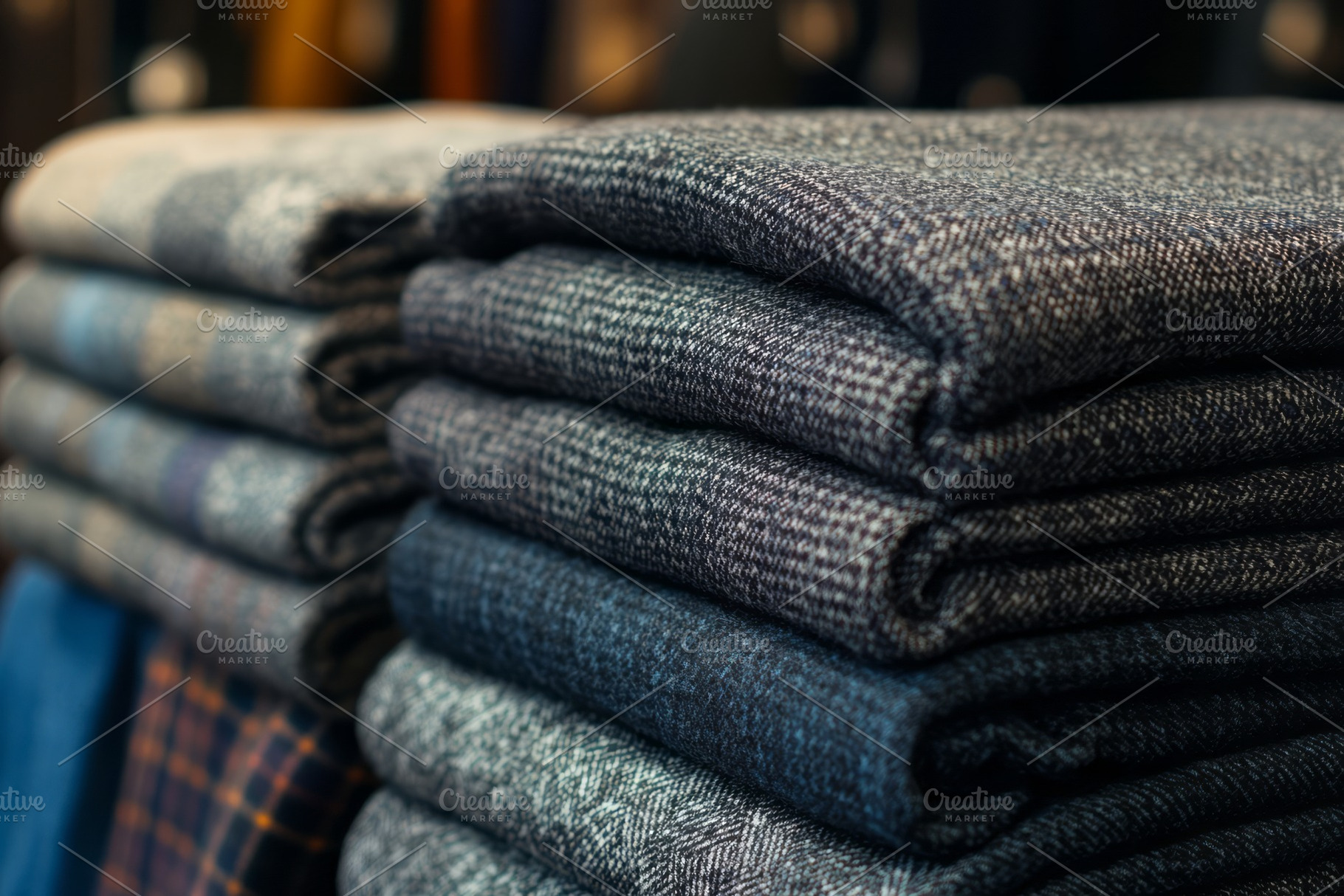 A close-up of neatly stacked fabrics in various textures and shades of blue., a Background Photo by ImageMir