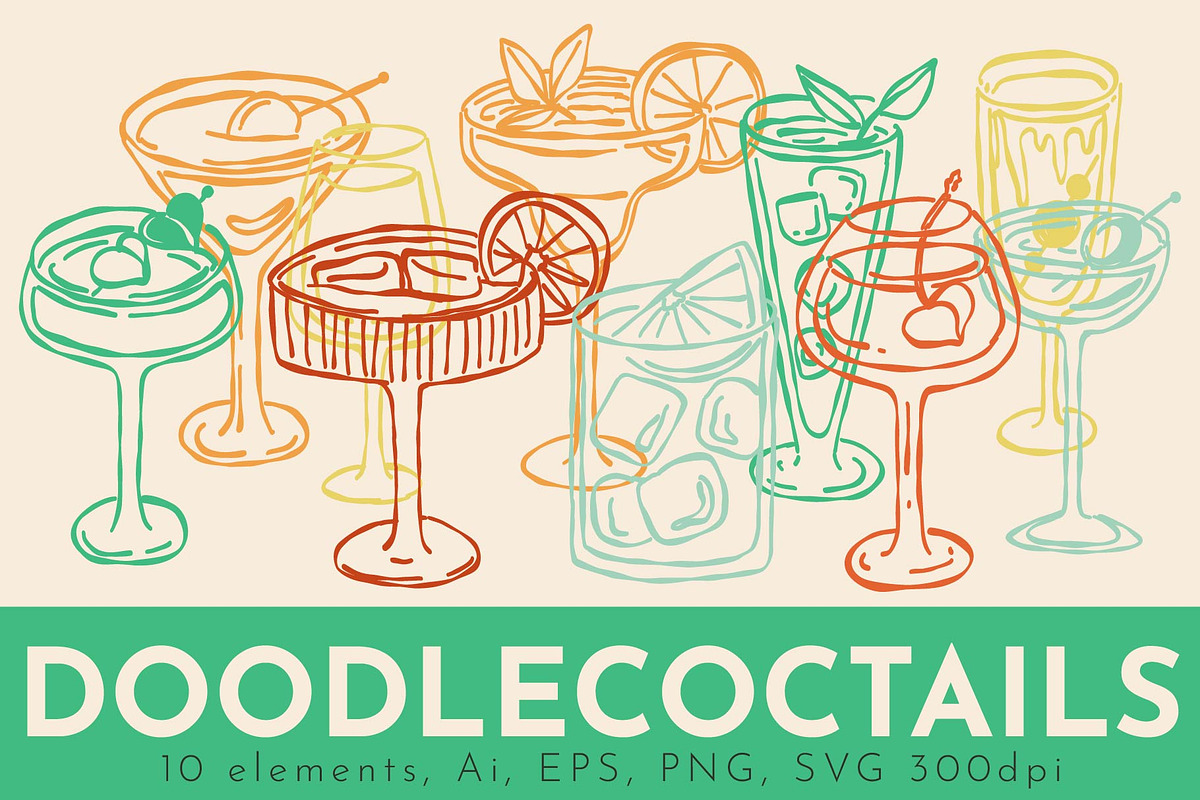 DOODLE COCTAILS: hand drawn clipart, a Food Illustration by Elliko shop (Photo 1 of 6)