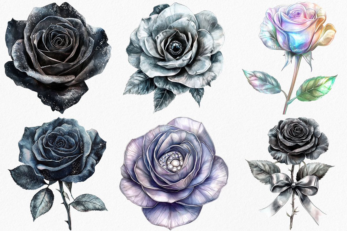 Black and Silver Glam Roses Clipart, an Illustration by Canvas Craft (Photo 3 of 9)