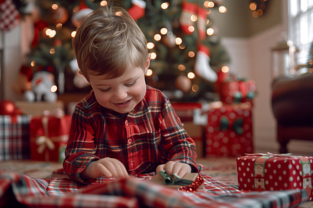 Boy Unwrapping His Christmas Gifts, a Holiday Photo by Andy Dean Photography