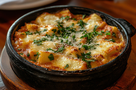 Baked pasta dish with cheese and her, a Background Photo by Pixeness