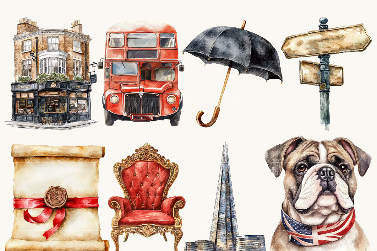Watercolor London Vibes Clipart, an Object Illustration by BusyDaydesign (Photo 3 of 9)