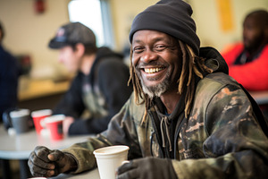 Positive black homeless man sits at a table in a bustling homeless shelter dini
