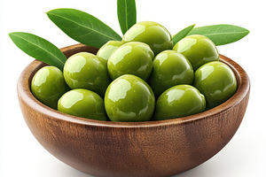 Green olives in a wooden bowl with l, a Food & Drink Photo by Pixeness Studio