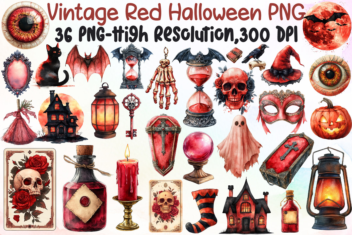 Vintage Red Halloween Clipart, an Illustration by Sublimation Artist (Photo 1 of 6)