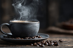 Steaming coffee in dark cup with bea, a Photo by Pixeness Studio