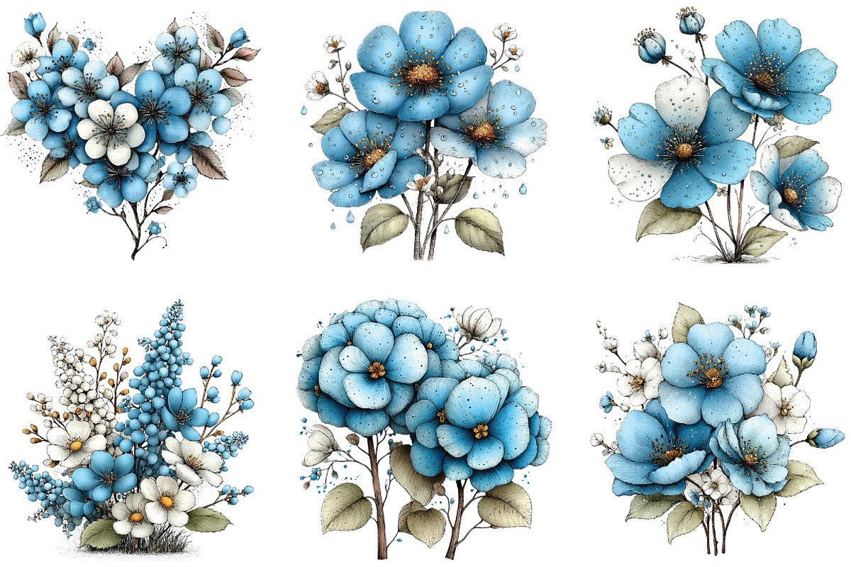 Whimsical Blue Flowers Spring Clipar, an Illustration by CraftArtStudio (Photo 3 of 6)