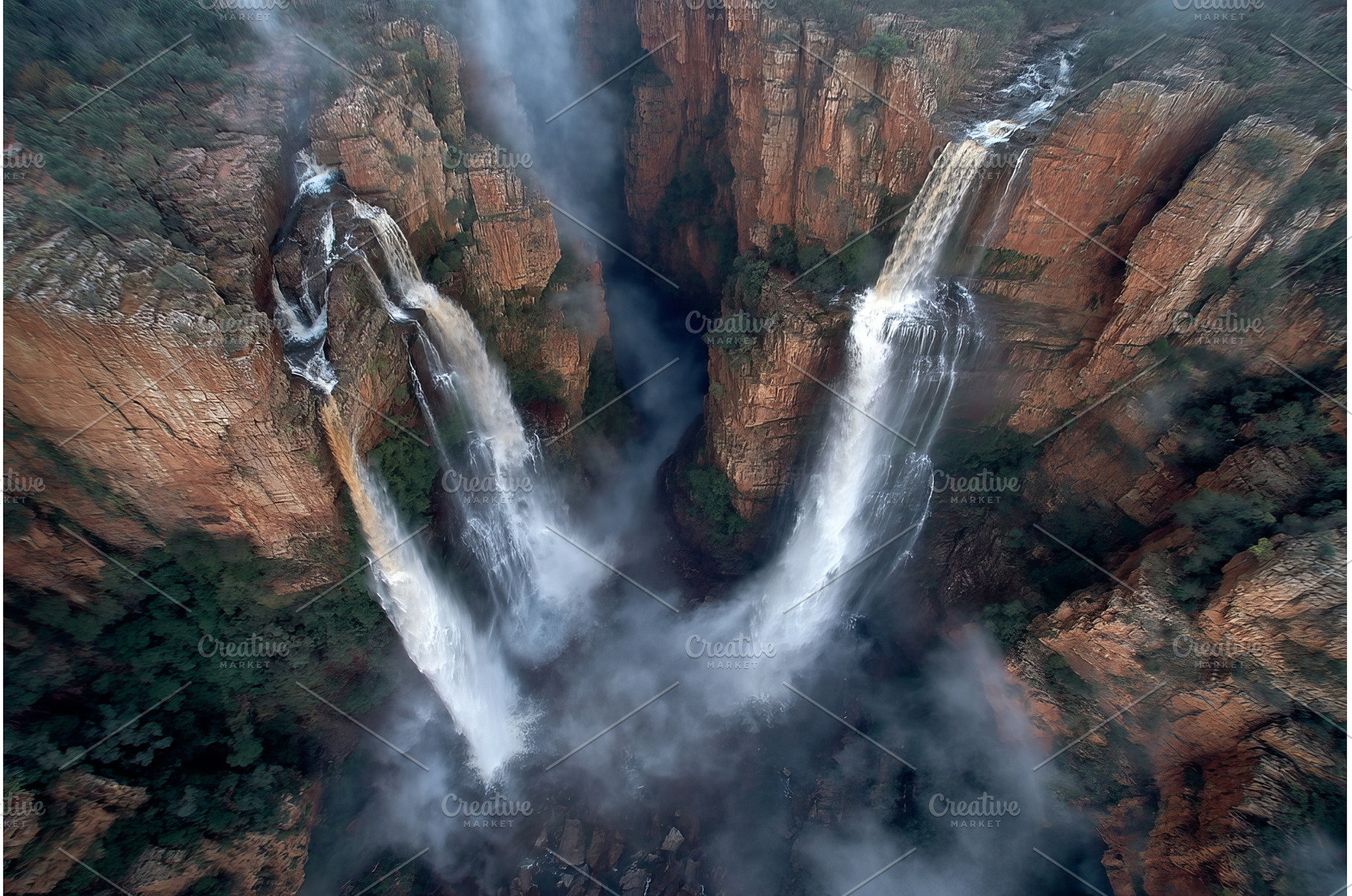 A waterfall cascades through a dense, a Nature Photo by ZinetroN