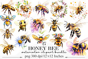 Honey Bee Watercolor Clipart, an Illustration by Designking (Thumbnail 1 of 5)