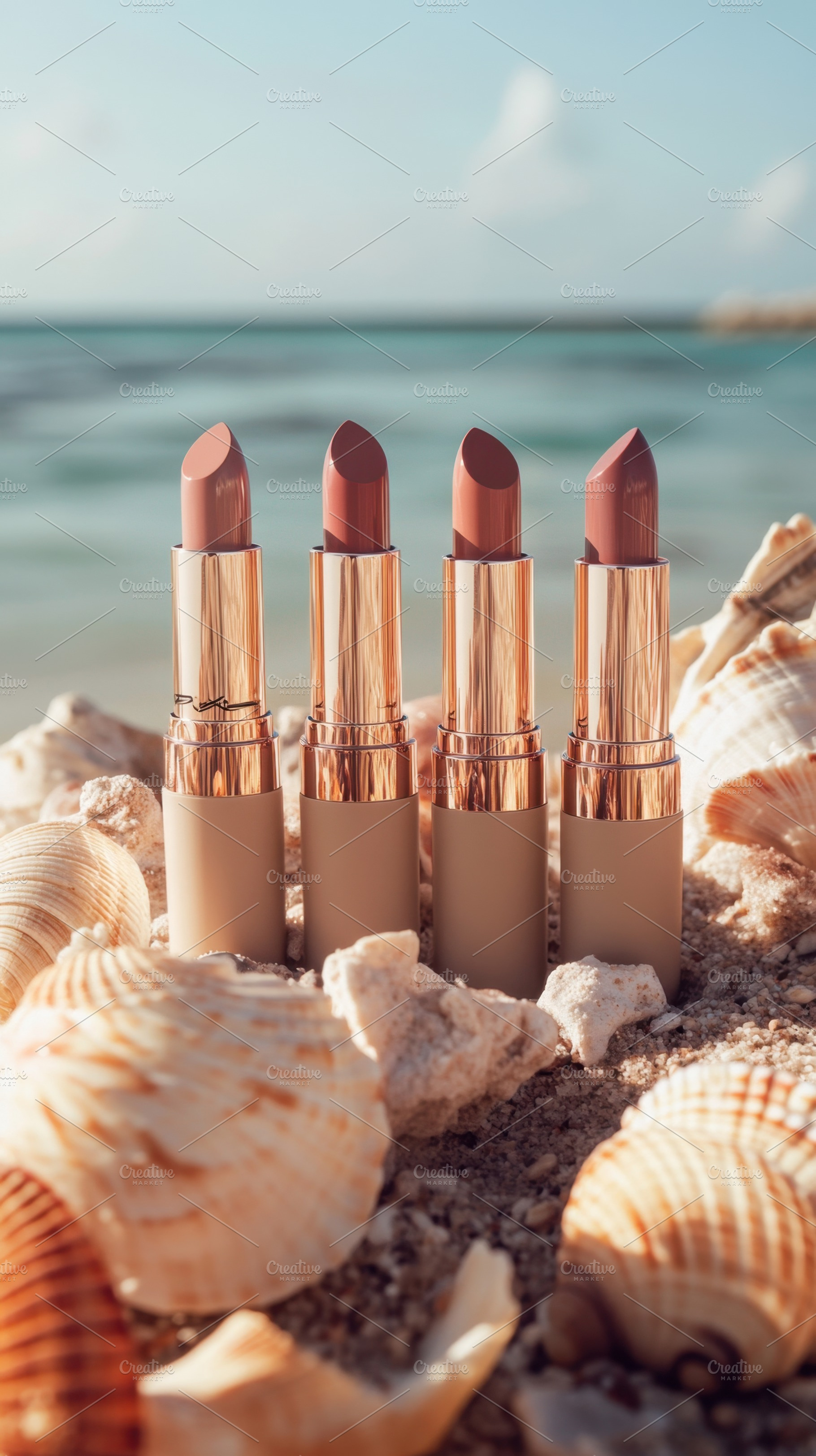 Lipsticks on a beach with seashells, a Photo by Beautiful things