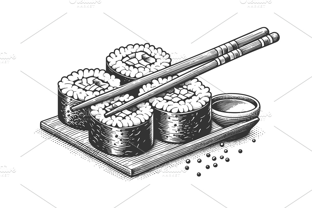 Traditional sushi rolls with, a Food Illustration by AlexArt