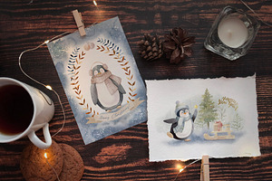 Winter Penguins - Watercolor Clipart