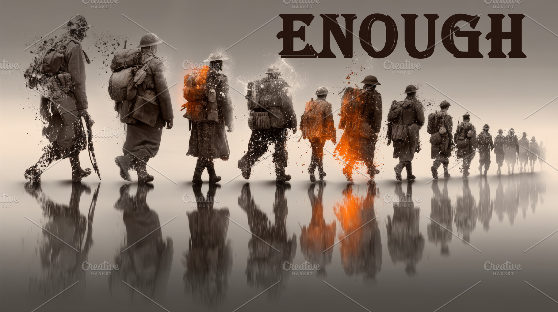 World War soldier parade with artistic effects and the word enough displayed., a Photo by AS photostudio