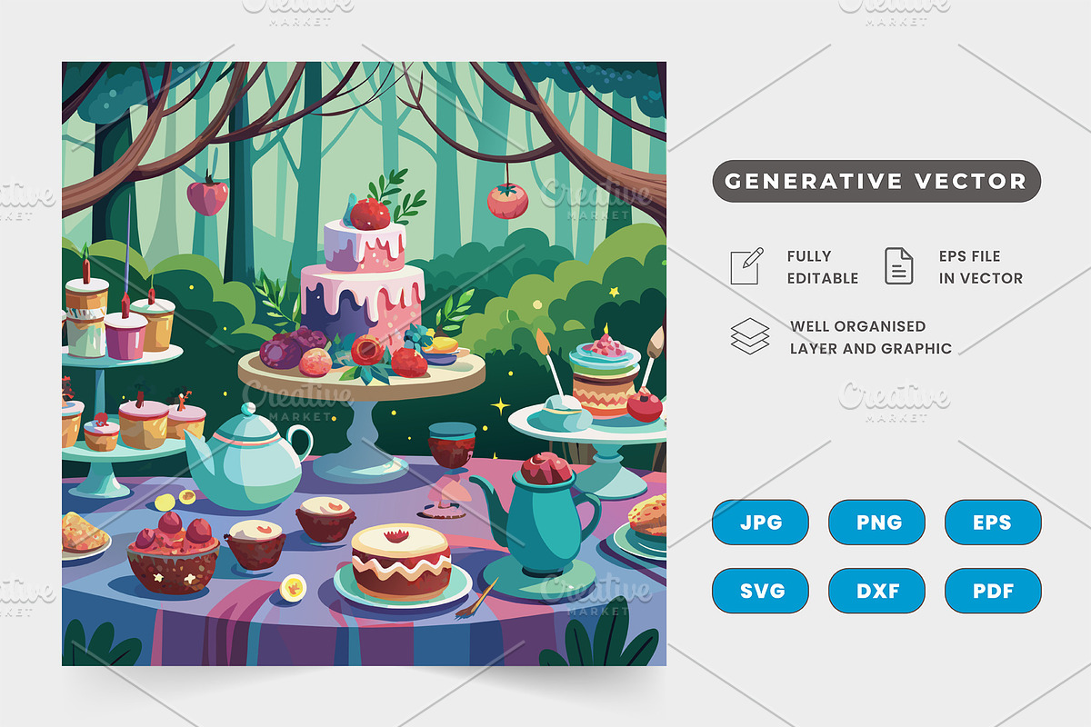 A whimsical tea party in the forest, a Graphic by SaroStock