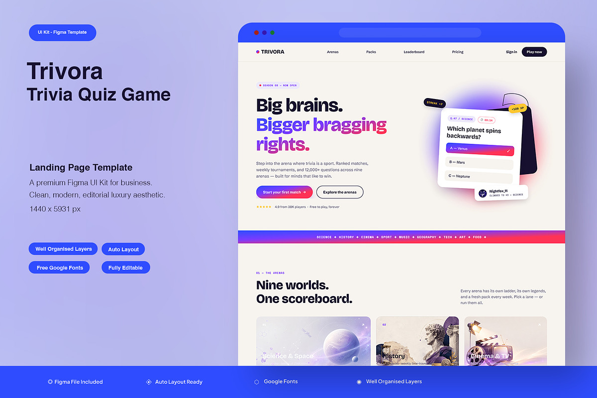 Trivia Quiz Game Landing Page, an UI Kit Template by Pitchlook.Studio (Photo 1 of 3)