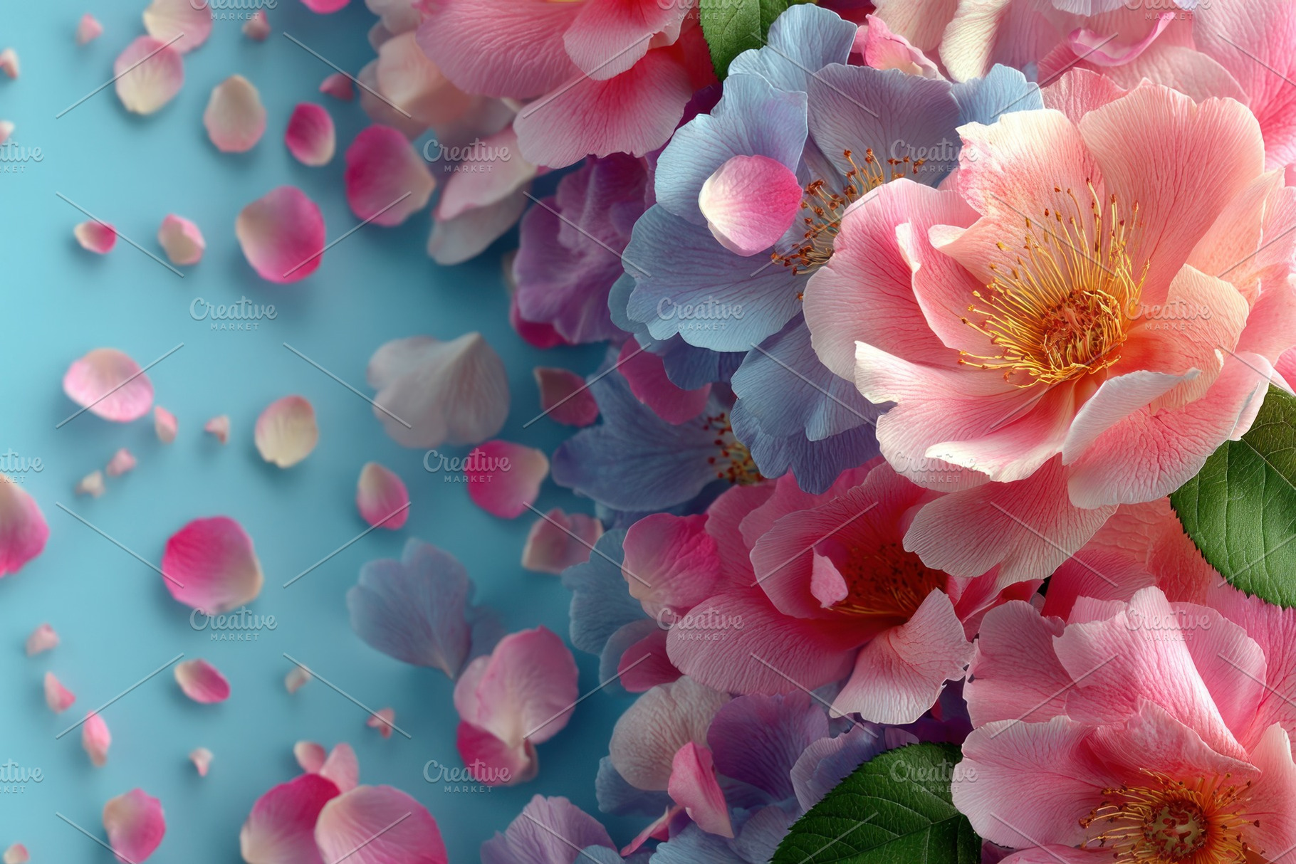 Pink and blue flowers with delicate petals scattered over a past, a Nature Photo by José Manuel Gelpi