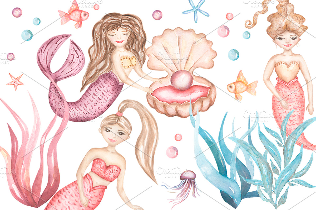 Watercolor Mermaid Collection, an Animal Illustration by MayaNavits (Photo 4 of 15)