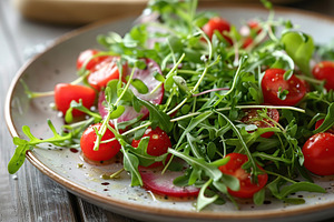 Fresh salad with microgreen, arugula and tomatoes in plate on wooden table, a Food & Drink Photo by AlyaAnd