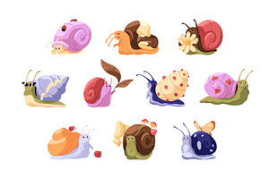 Cute, funny snails set + backgrounds, an Animal Illustration by PaperTrident
