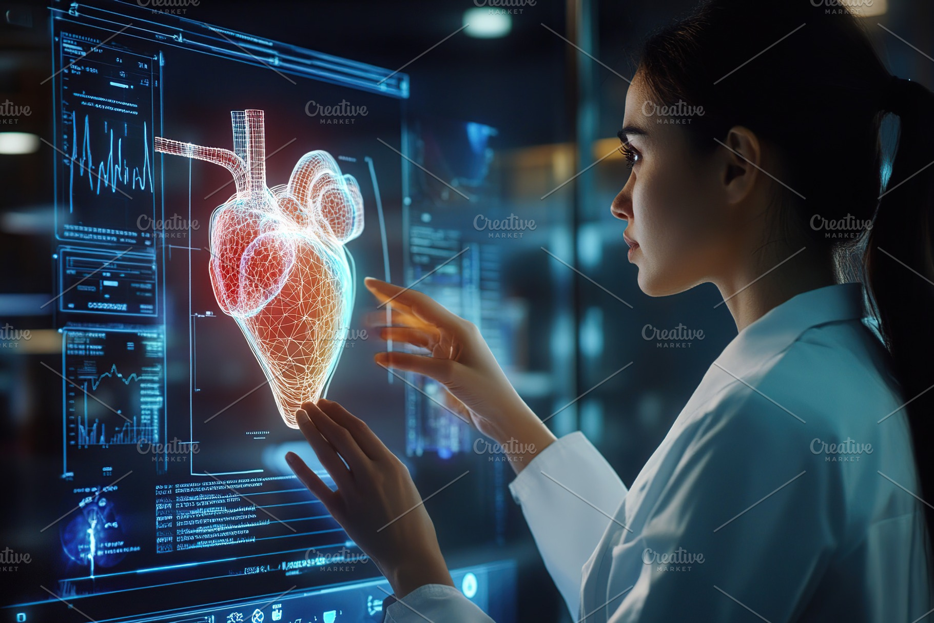 Doctor checking human heart on AI hologram, virtual reality, a Health & Medical Photo by AlyaAnd