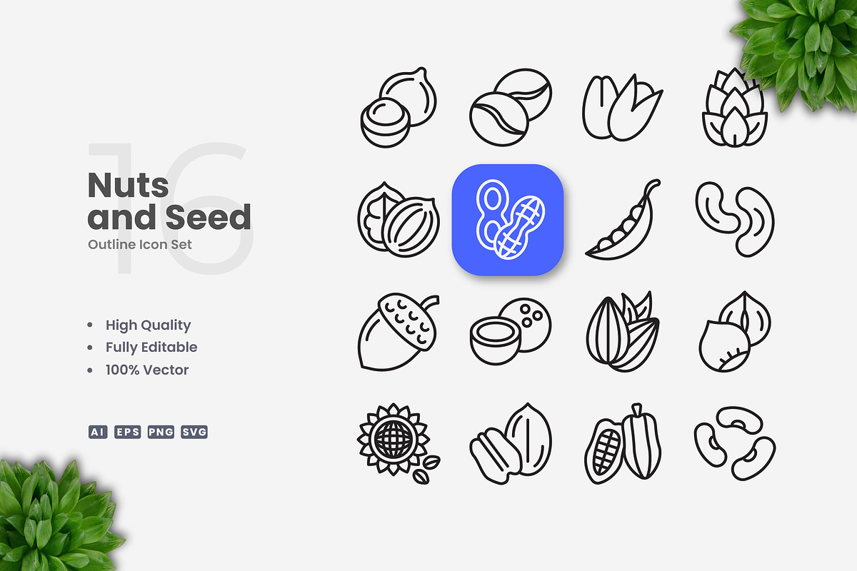 Nuts and Seed Outline Icons, an Outline Icon by Upnowgraphic