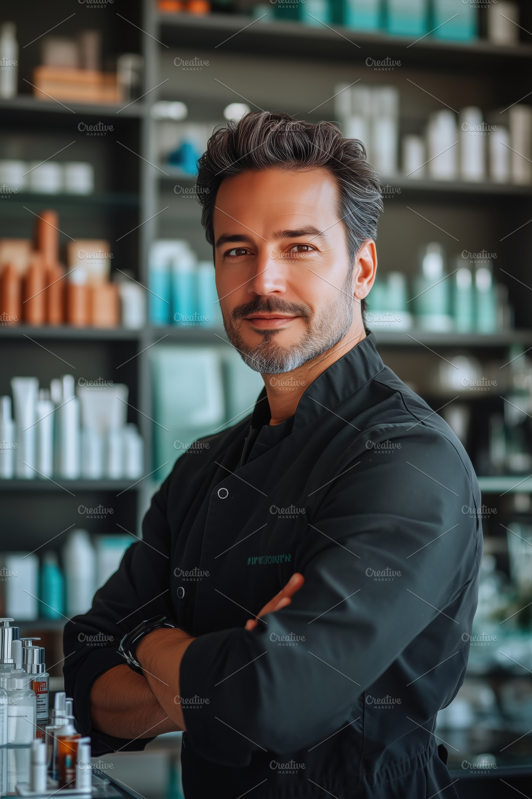 A confident esthetic technologist male professional in a black coat stands in a, a Person Photo by Textures & Backgrounds