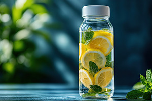 Refreshing mint and lemon water in a reusable sports bottle for hydration on a, a Photo by AlyaAnd