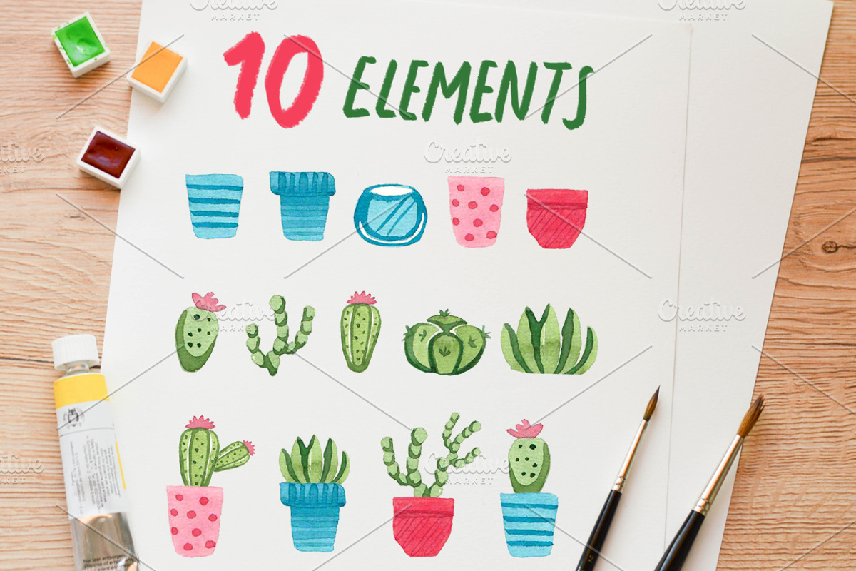Watercolor cactus set, an Illustration by bosmoll (Photo 3 of 7)