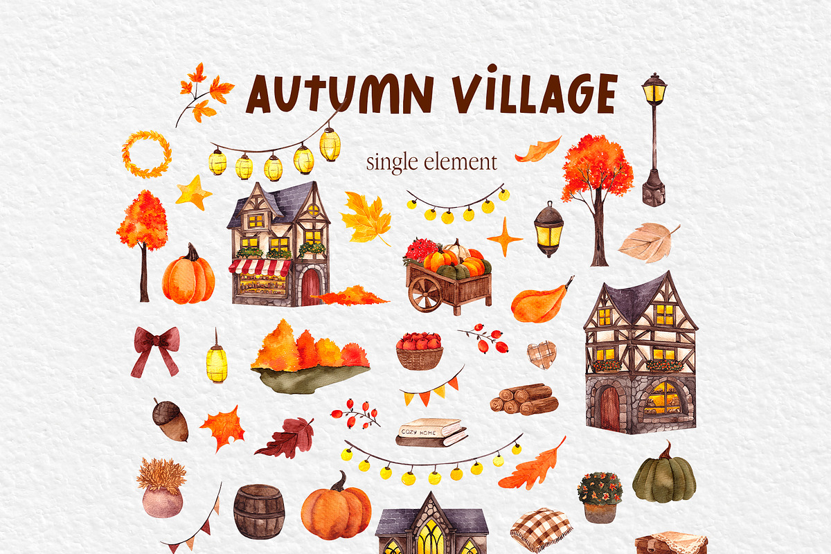 Autumn Village. Hand draw watercolor, an Object Illustration by ma_i_vi (Photo 8 of 9)