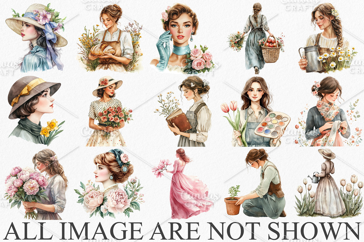 Watercolor Spring Vintage Woman PNG, an Illustration by Canvas Craft (Photo 3 of 7)