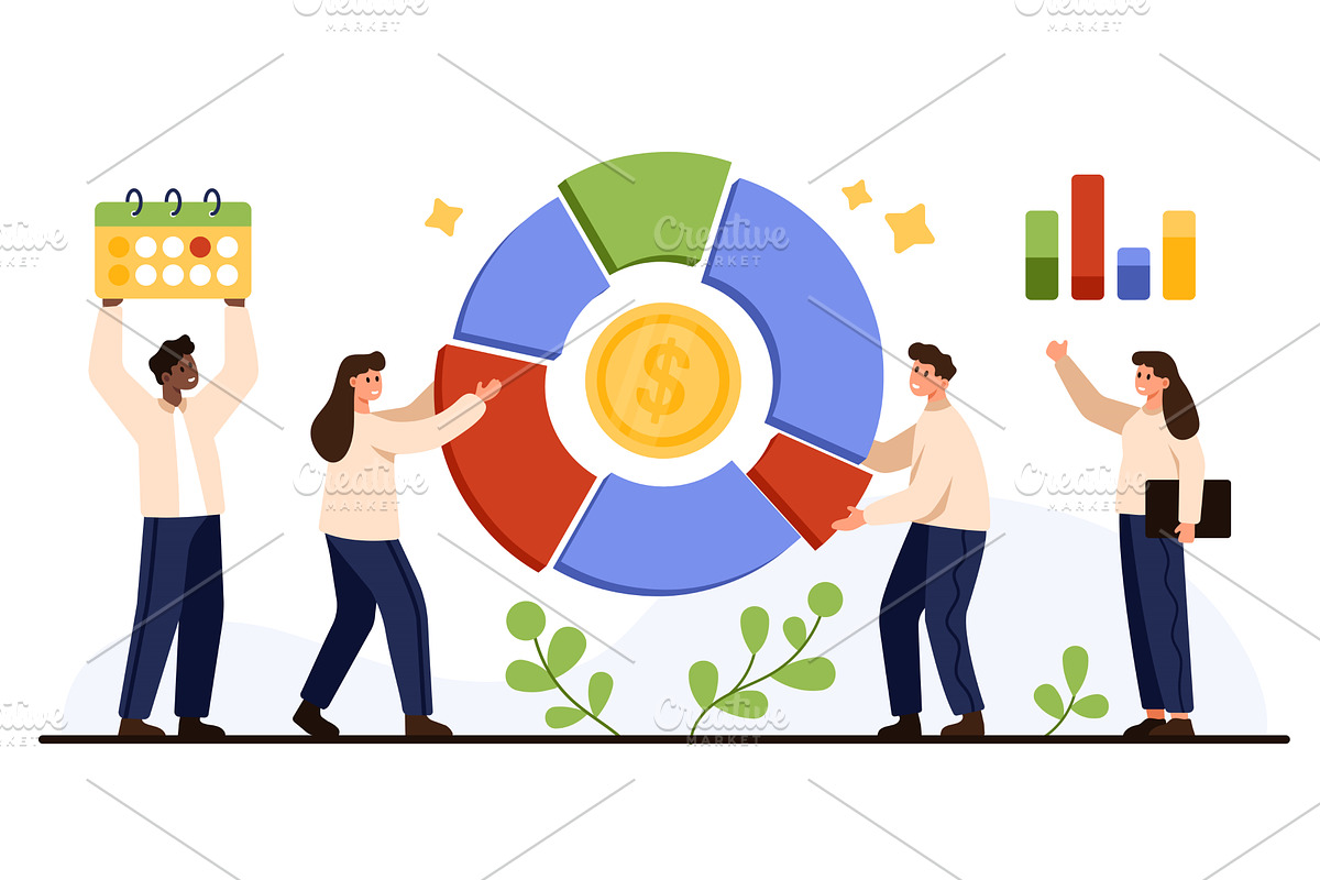 Teamwork Sharing Financial Pie Chart, a Finance Illustration by Flashvector
